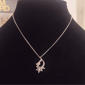 Christian Dior Star Logo Crystals Silver Metal Necklace